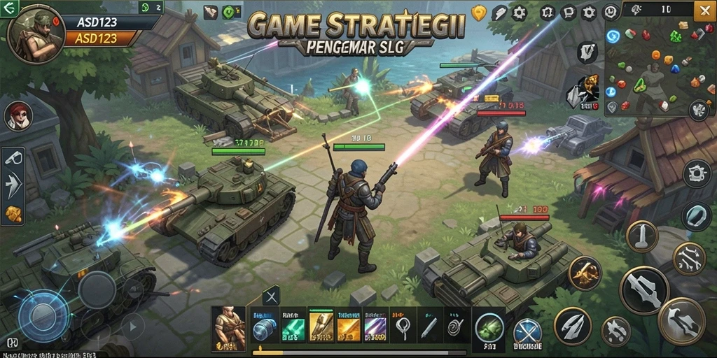 Screenshot utama gameplay ASD123 menampilkan pertempuran yang seru.