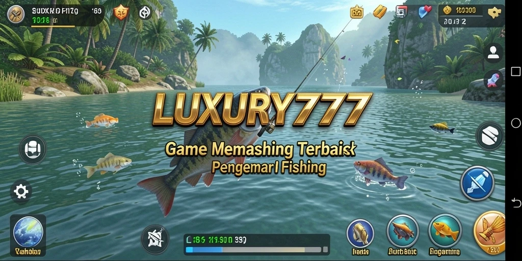 Screenshot gameplay LUXURY777 saat menangkap ikan di lokasi indah.