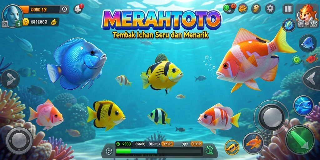 Gameplay MERAHTOTO menampilkan petualangan seru menembak ikan di dunia bawah laut.